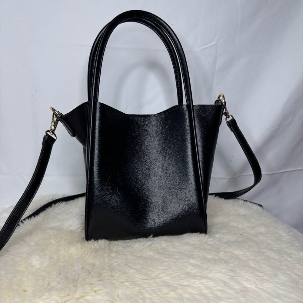 Black Faux Leather Handbag with Gold Hardware- Like New! - Picture 3 of 12